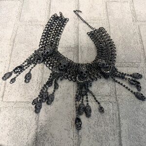 Natasha Gothic Rhinestone Gun Metal Skull Statement Necklace